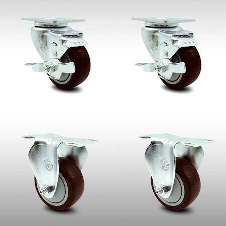 Service Caster 3.5 Inch SS Maroon Polyurethane Top Plate Caster Set with 2 Brake 2 Rigid SCC SCC-SS20S3514-PPUB-MRN-TLB-2-R3514-2